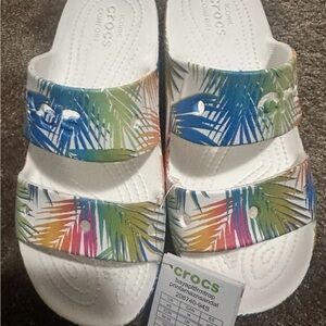CROCS White Sandals with Multicolor Tropical Palm Print